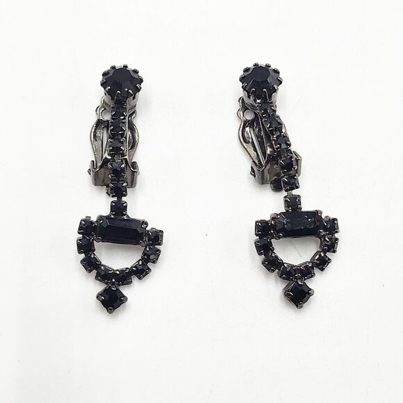 Vintage Horsebit Black Crystal Rhinestone Doorknocker Dangle Clip Earrings - Picture 1 of 9
